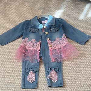 Charming Blue Jean Jacket Set with Pink Lace